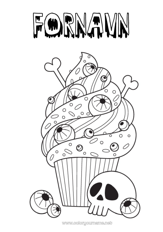 Farvelægningssiden til udskrivning Kage Halloween Kranie Dødsdagene Slik, søde sager Muffin øje