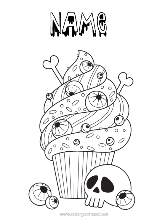 Colouring page to print Cake Halloween Skull Day Of The Dead Treats, Sweets Fairy Cake Eye