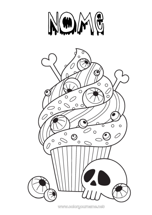 Página de desenho para imprimir Bolo Halloween Crânio Dia dos Mortos Guloseimas, doces Cupcake