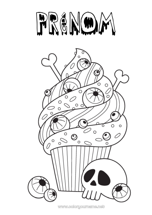 Coloriage à imprimer Gâteau Halloween Crâne Día de los Muertos Gourmandises, sucreries Cupcake