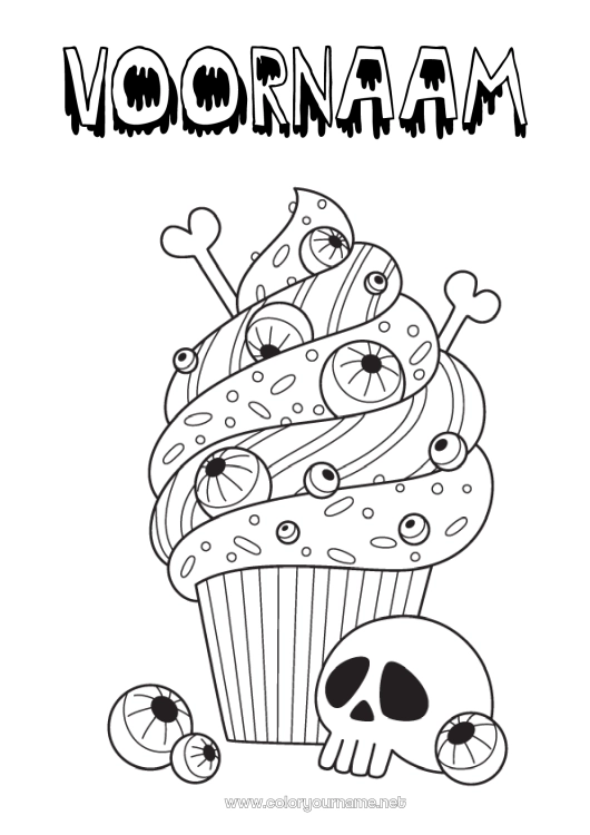 Kleurplaat om af te drukken Taart Halloween Schedel Dia de los Muertos Lekkernijen, zoetigheden Cupcake