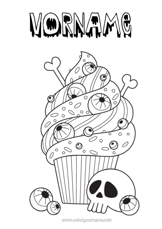 Malvorlage zum Ausdrucken Kuchen Halloween Schädel Día de los Muertos Leckereien, Süßigkeiten Cupcake