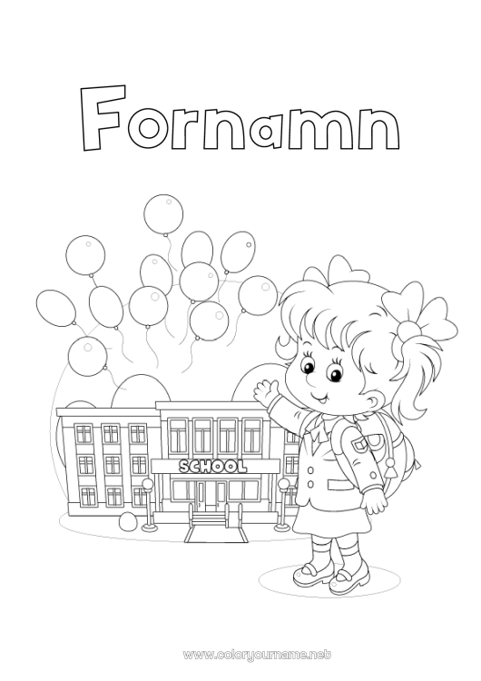 Färgläggningssida att skriva ut Ballonger Flicka Skola Skolstart Elev