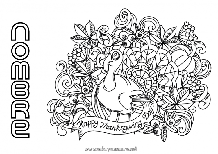 Dibujo para colorear para imprimir Thanksgiving Turquía Otoño Animales de granja