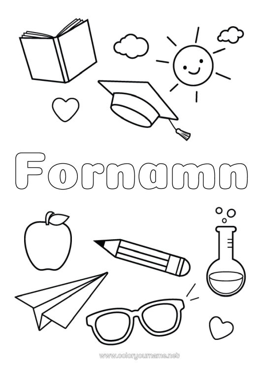Färgläggningssida att skriva ut Frukter Symboler Äpple Blyertspenna Glasögon Skolstart Studentmössa Skolmaterial