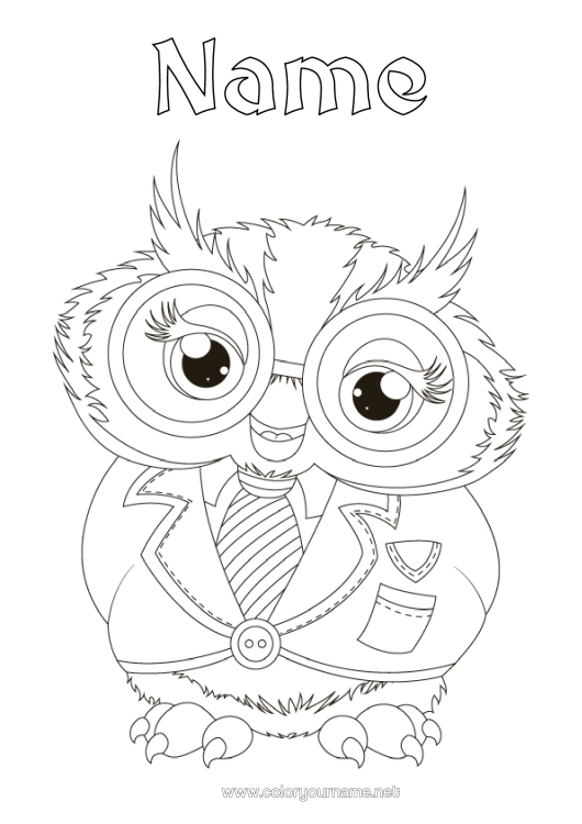 Colouring page to print Owl, Tawny Owl Mistress/Master School Birds And Flying Mammals Glasses Education Professions Back To School