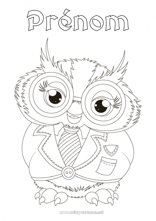 Coloriage à imprimer Chouette, Hibou Maîtresse/Maître École Oiseaux et mammifères volants Lunettes Métiers de l'éducation Rentrée scolaire