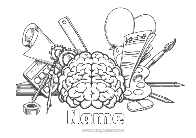 Colouring page to print Brush Pencil Crafts. Back To School Stationery Supplies Calculator Brain Compass
