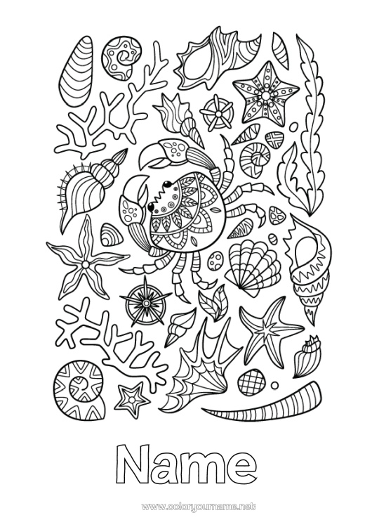 Colouring page to print Sea Animal Crab Shellfish Complex Colouring Pages Starfish Marine Or Aquatic Animals