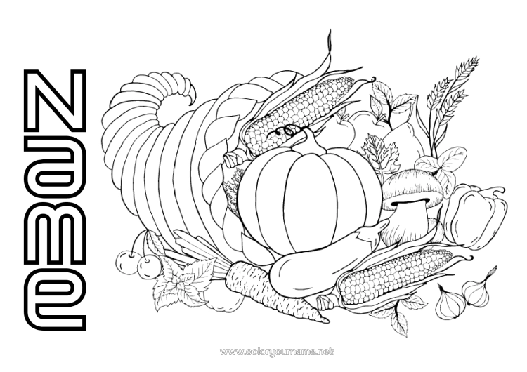 Colouring page to print Pumpkin Thanksgiving Autumn Food Fruit Vegetables Cornucopia