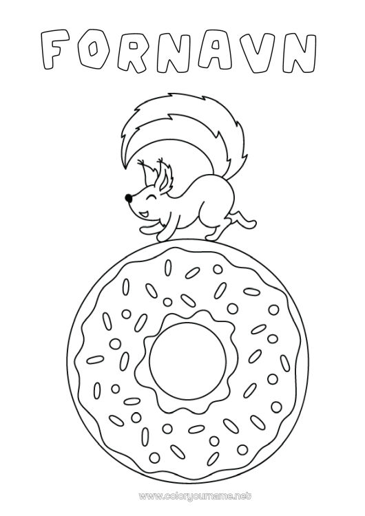 Farvelægningssiden til udskrivning Egern Dyr Donuts Skovens dyr