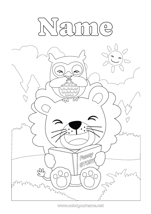 Colouring page to print Lion Owl, Tawny Owl Animal Book Birds And Flying Mammals Wild Animals Of Africa Reading