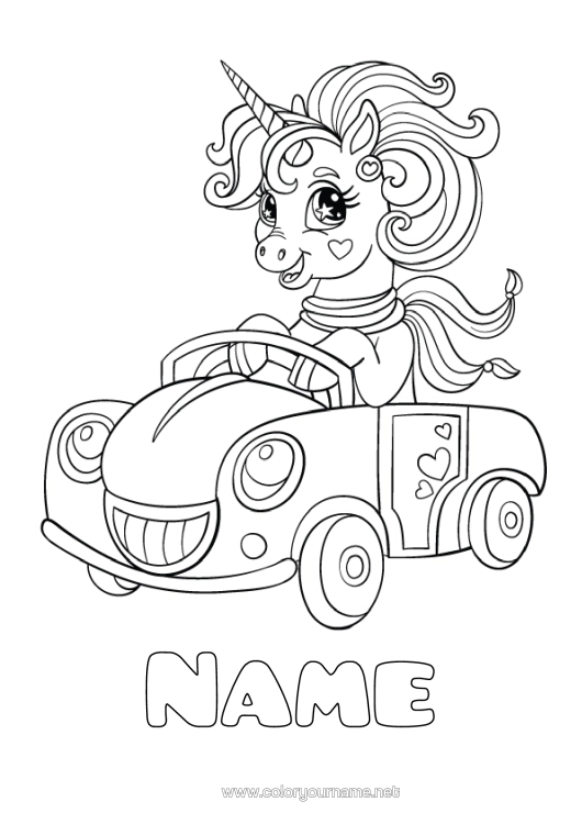 Colouring page to print Heart Unicorn Vehicles Car Animal Dragons, Unicorns, And Fantastical Creatures Cars, Vans And Motorhomes