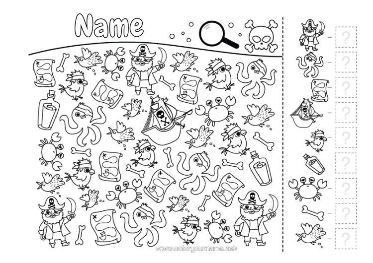 Colouring page to print Pirate Children's Activities Crab Search And Find Marine Or Aquatic Animals Octopus Count And Colour.