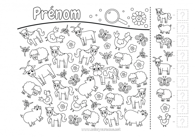 Coloriage à imprimer Mouton Cheval Poule Cochon Activités enfants Vache Cherche et trouve Animaux de la ferme