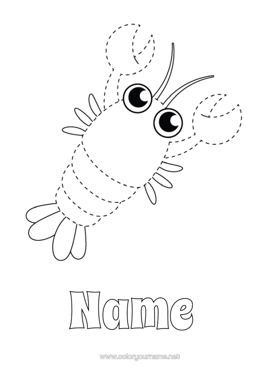 Colouring page to print Children's Activities Animal Easy Colouring Pages Trace And Colour. Marine Or Aquatic Animals Lobster
