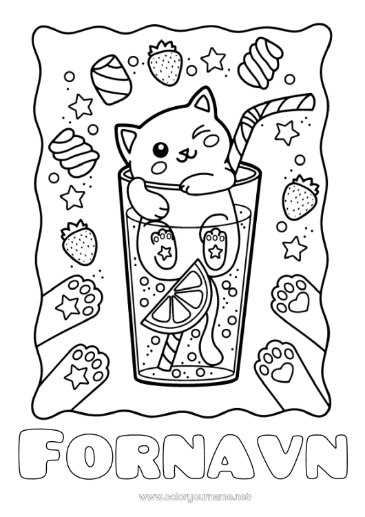 Fargeleggingssiden til utskrift Godteri Katt Søt Frukter Drikke Godbiter, søtsaker Jordbær Hunder og katter Limonade Skumfiduser, marshmallows