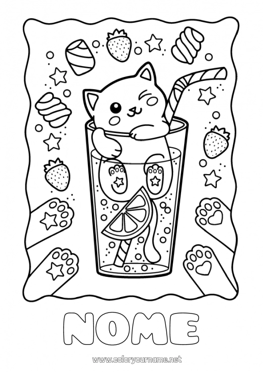 Pagina da colorare da stampare Caramelle Gatto Kawaii Frutta Bevanda Dolci, zuccherini Fragola CanI e gatti Limonata Chamallows, marshmallow