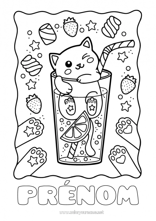 Coloriage à imprimer Bonbons Chat Kawaii Fruits Boisson Gourmandises, sucreries Fraise Chiens et chats Limonade Chamallows, guimauves