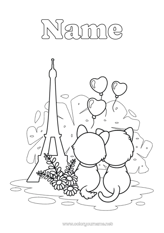 Coloring page to print Heart Cat I love you Friend France Dog and cat Eiffel Tower Paris Monument