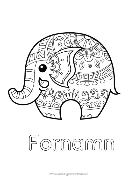 Färgläggningssida att skriva ut Elefant Djur Zentangle Afrikas vilda djur