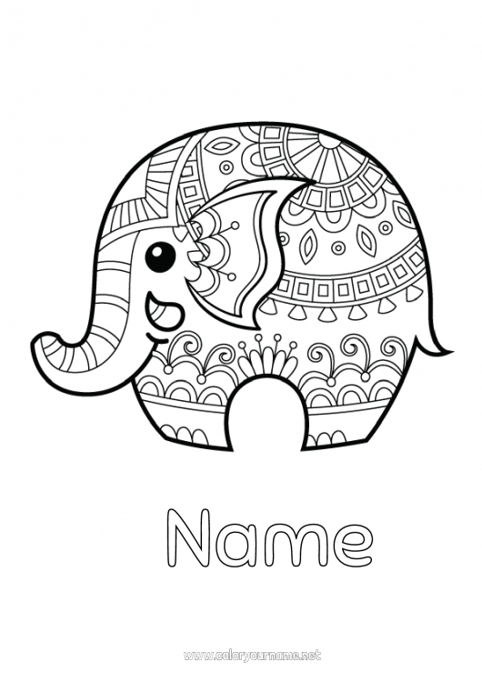 Coloring page to print Elephant Zentangle Wild animals of Africa