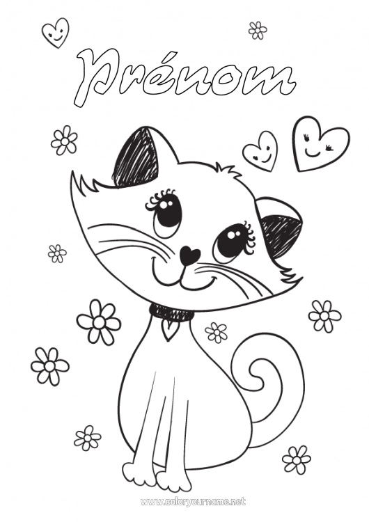 Coloriage à imprimer Mignon Coeur Chat Animal Chiens et chats Dessin animé