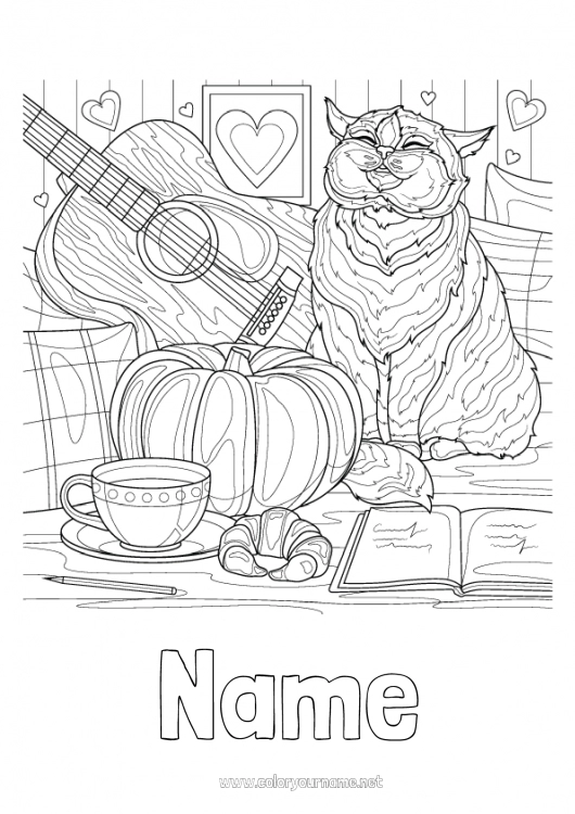 Coloring page to print Pumpkin Autumn Mug Owl Tea Drinks Zentangle Flying birds and mammals Guitar Musical instruments Croissant