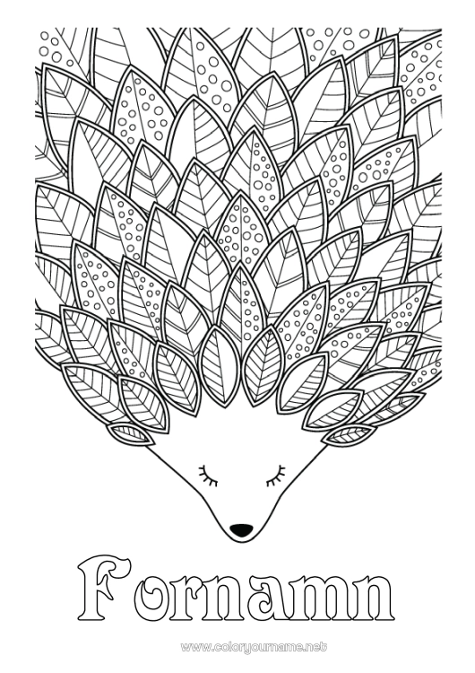 Färgläggningssida att skriva ut Igelkott Höst Djur Blad Komplexa målarbilder Zentangle Skogens djur