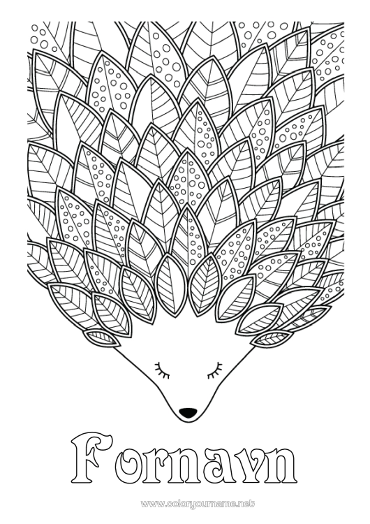 Farvelægningssiden til udskrivning Pindsvin Efterår Dyr Blade Komplekse farvelægninger Zentangle Skovens dyr