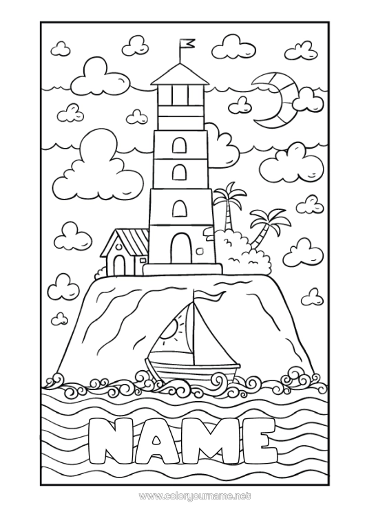 Colouring page to print Sea Boat Sailboat Lighthouse Island Marine Vehicles