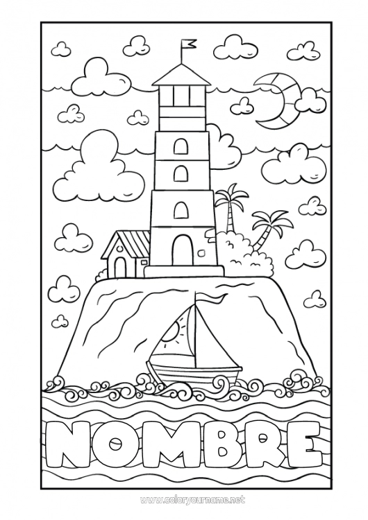 Dibujo para colorear para imprimir Mar Barco Velero Faro Isla Vehículos marítimos