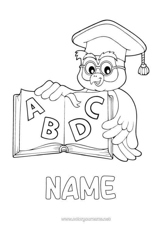 Colouring page to print Owl, Tawny Owl Mistress/Master Book Birds And Flying Mammals Reading Education Professions Back To School Student Cap Letter Of The Alphabet