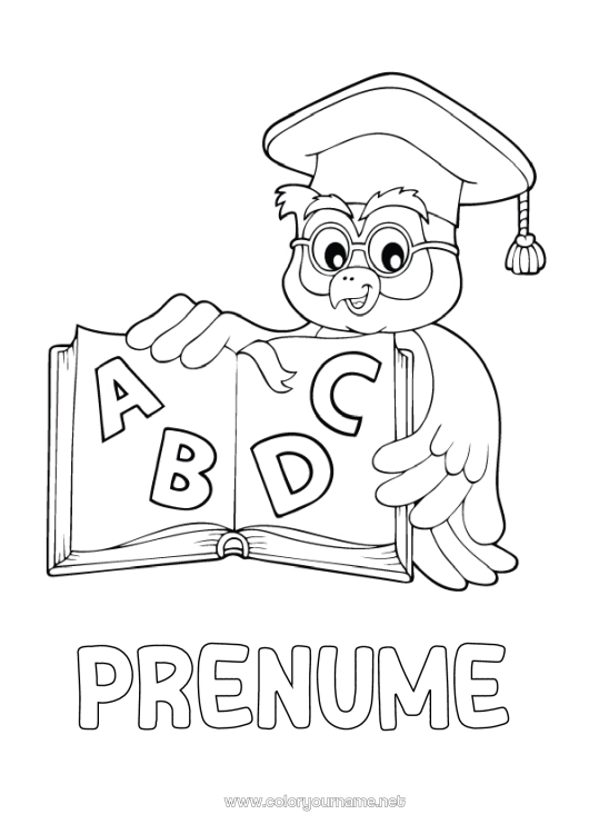 Pagină de colorat de imprimat Bufniță, Uluce. Învățătoare/Învățător Carte Păsări și mamifere zburătoare Lectură Meserii în educație Întoarcerea la școală Beretă de student Litera alfabetului