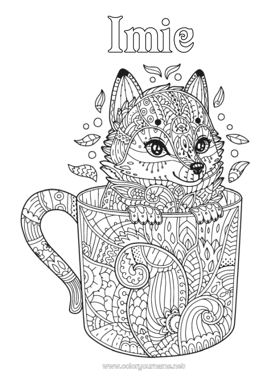 Kolorowanka do wydruku Wilk Lis Kubek Zwierzę Napój Złożone kolorowanki Zentangle Zwierzęta leśne