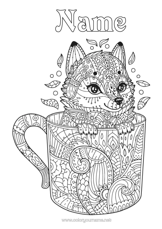 Colouring page to print Wolf Fox Mug Animal Drink Complex Colouring Pages Zentangle Forest Animals