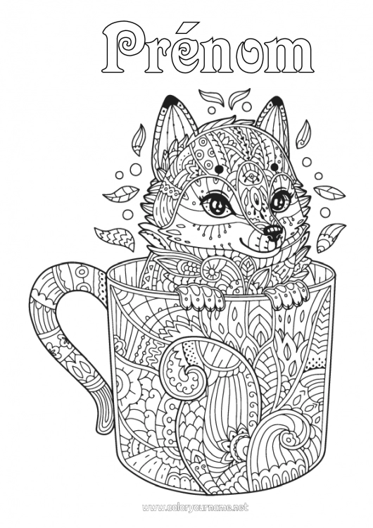 Coloriage à imprimer Loup Renard Tasse Boisson Coloriages complexes Zentangle Animaux de la forêt