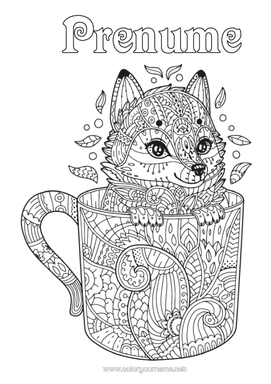 Pagină de colorat de imprimat Lup Vulpe Cana Animal Băutură Desene de colorat complexe Zentangle Animale din pădure