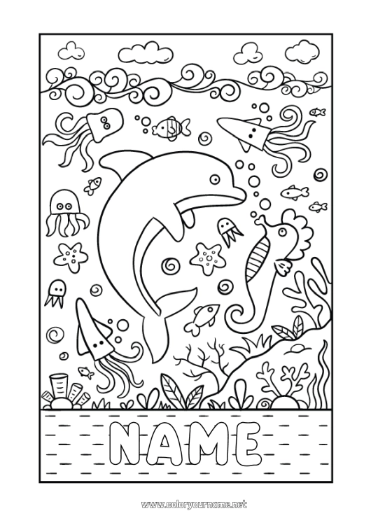 Coloring page to print Animal Dolphin Seahorse Marine or aquatic animals Octopus