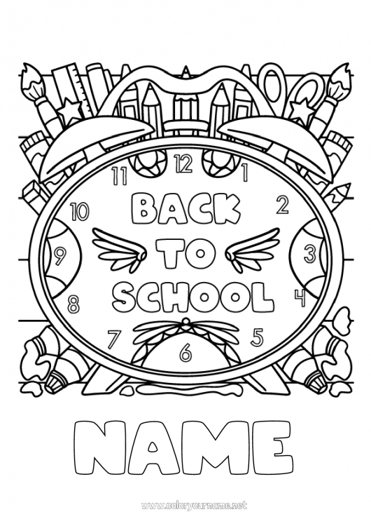 Coloring page to print Brush Coloured pencil School Pencil Back to School School supplies Alarm clock