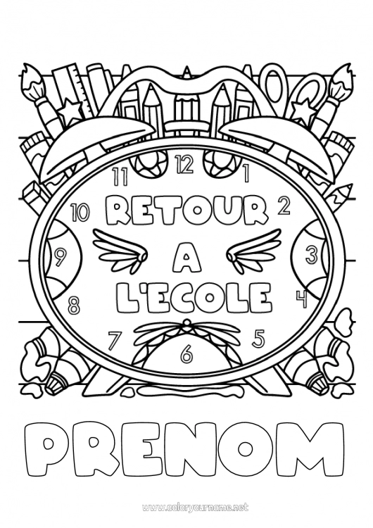 Coloriage à imprimer Pinceau Crayon de couleur École Crayon Rentrée scolaire Fournitures scolaires Réveil