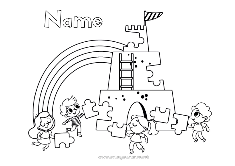 Colouring page to print Child Rainbow Sandcastle Games And Toys Puzzles