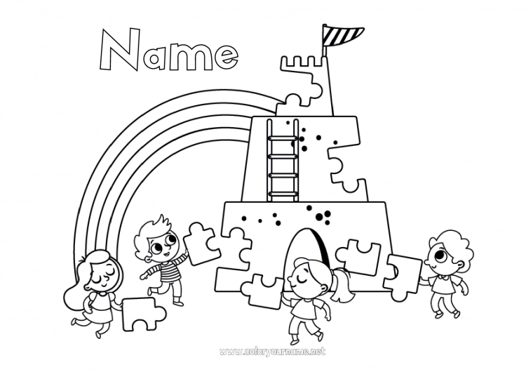 Coloring page to print Child Rainbow Sandcastle Games and toys Puzzles