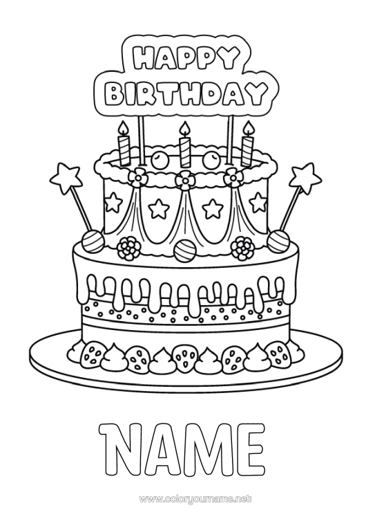 Colouring page to print Candle Cake Birthday Happy Birthday Message