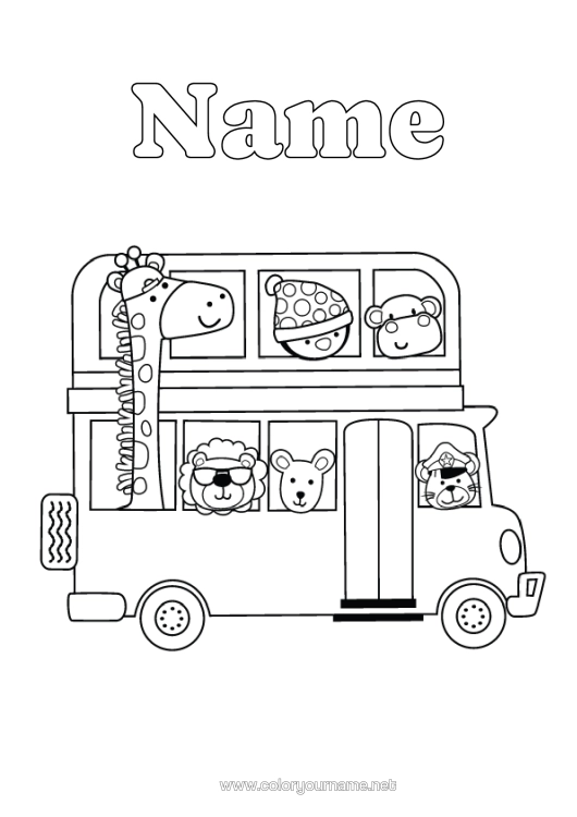 Colouring page to print Giraffe Lion Vehicles Penguin, Tuxedo Animal Bus, Car Birds And Flying Mammals Wild Animals Of Africa Land Public Transport Back To School London Bus