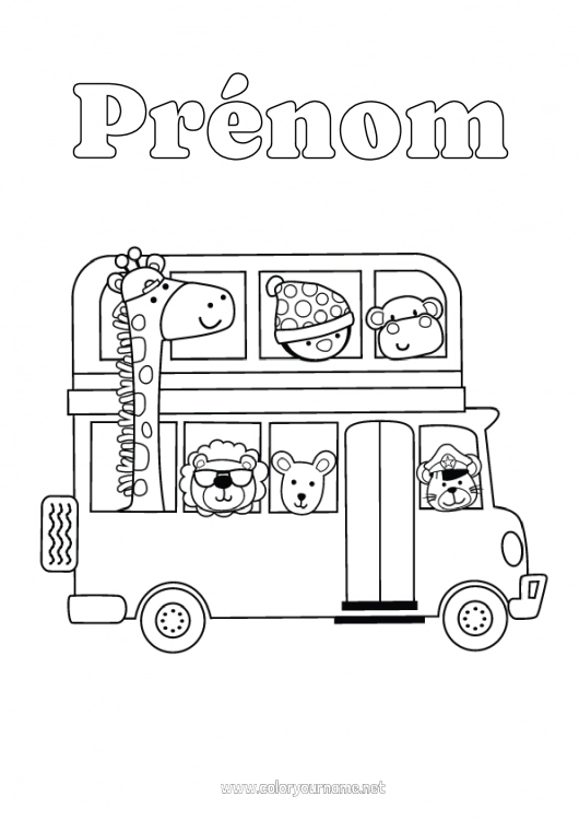 Coloriage à imprimer Girafe Lion Pingouin, Manchot Animal Bus, car Oiseaux et mammifères volants Animaux sauvages d'Afrique Transport en commun terrestres Rentrée scolaire