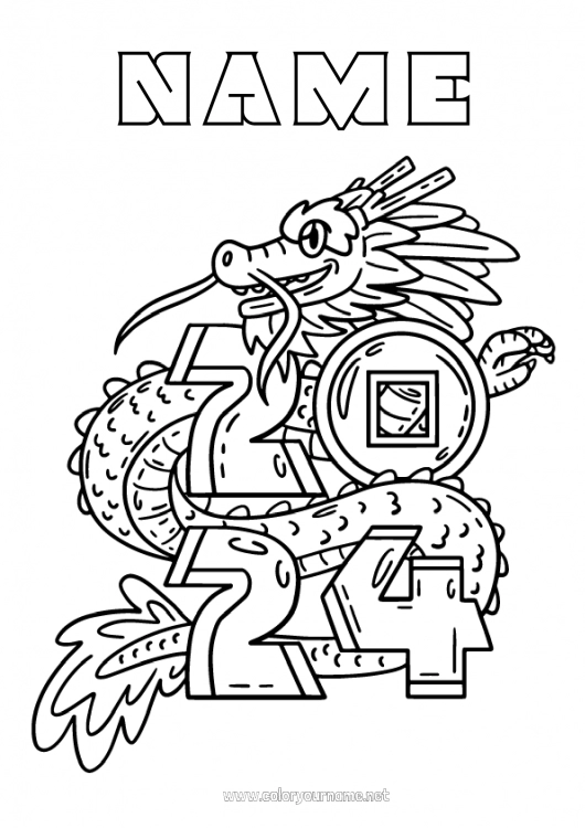 Coloring page to print Dragon Happy new year Dragons, unicorns and fantastic animals 2024