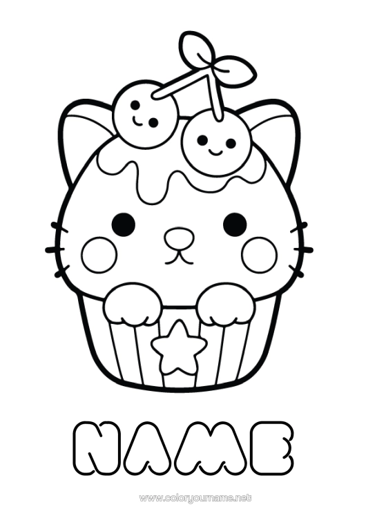 Colouring page to print Cute Cherry Fruit Treats, Sweets Fairy Cake