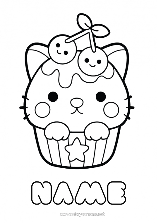 Coloring page to print Kawaii Cherry Fruits Treats Cupcake