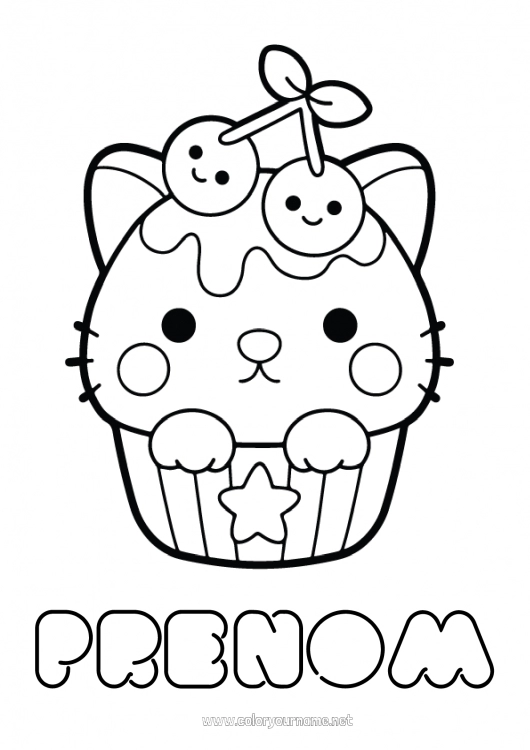 Coloriage à imprimer Kawaii Cerise Fruits Gourmandises, sucreries Cupcake